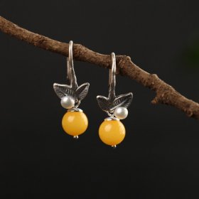 Fashion Baltic Round Amber White Pearl 925 Sterling Silver Dangle Earrings