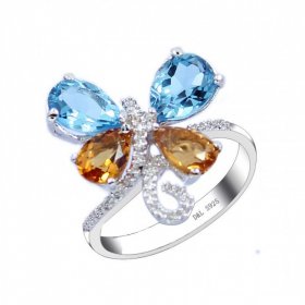 Butterfly Natural Blue Topaz Crystal CZ 925 Sterling Silver Ring