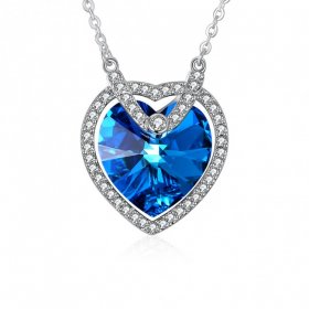 Elegant Blue Austrian Heart Crystal CZ 925 Sterling Silver Necklace
