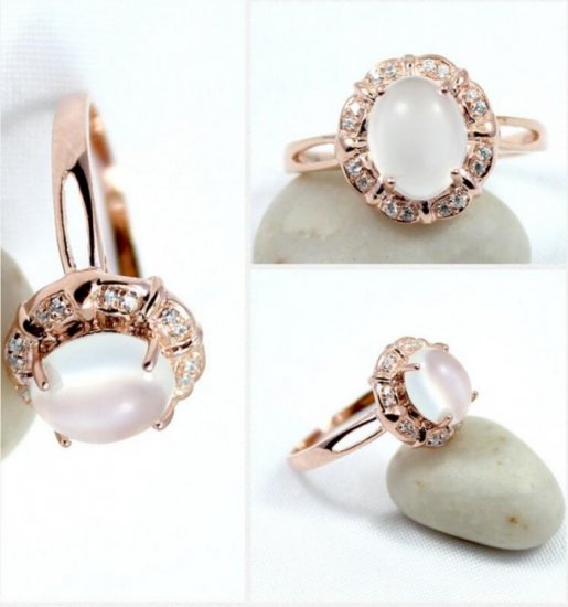 Fashion Oval Natural Moonstone Crystal Solid 925 Sterling Silver CZ Ring - Click Image to Close