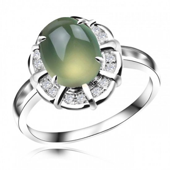Fashion Oval Natural Prehnite Crystal Solid 925 Sterling Silver CZ Ring - Click Image to Close