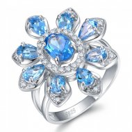 Ternura Venta caliente de lujo 3.5ct Topacio azul natural Flor de plata esterlina anillo