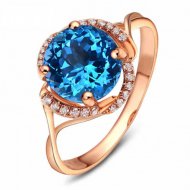 Fashion Round Natural Blue Topaz Solid 925 Sterling Silver Adjustable CZ Ring
