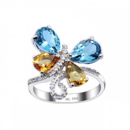 Butterfly Natural Blue Topaz Crystal CZ 925 Sterling Silver Ring - Click Image to Close