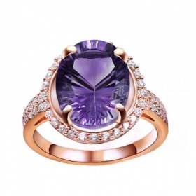 Fashion Oval Natural Amethyst Solid 925 Sterling Silver CZ Ring