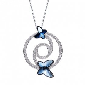 Flying Blue Butterfly Austrian Crystal CZ 925 Sterling Silver Necklace