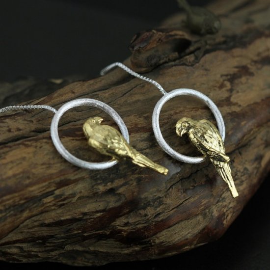 Fashion White Jade Yellow Bird 925 Sterling Silver Dangle Earrings - Click Image to Close