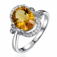 Fashion Natural Citrine Solid 925 Sterling Silver CZ Ring
