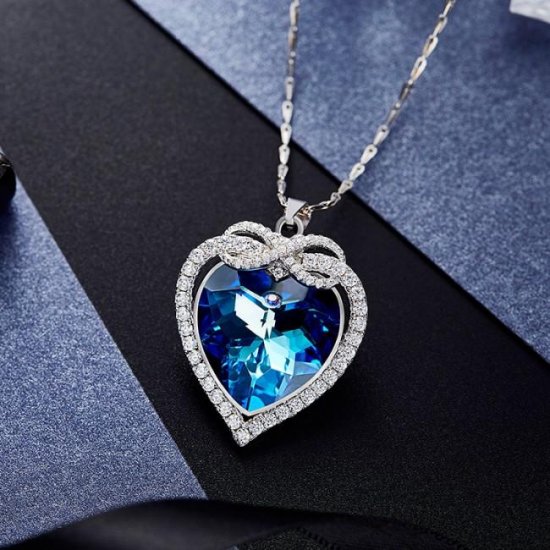 Fashion Blue Austrian Crystal 925 Sterling Silver Infinity Heart Necklace - Click Image to Close