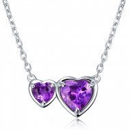 Natural Purple Amethyst Gem 925 Sterling Silver Side By Side Hearts Necklace