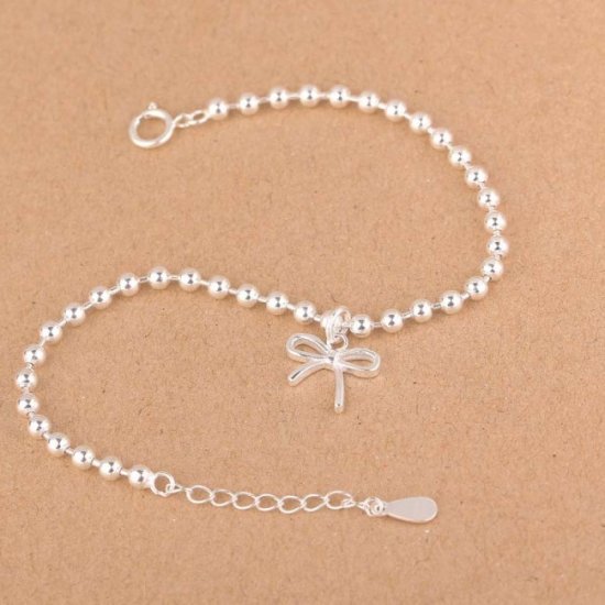 Girl Bowknot Beads 925 Sterling Silver Bracelet - Click Image to Close