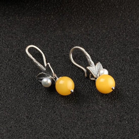 Fashion Baltic Round Amber White Pearl 925 Sterling Silver Dangle Earrings - Click Image to Close
