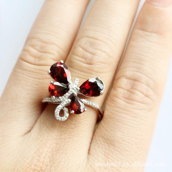 Butterfily Fashion Natural Garnet CZ Solid Sterling Silver Ring - Click Image to Close
