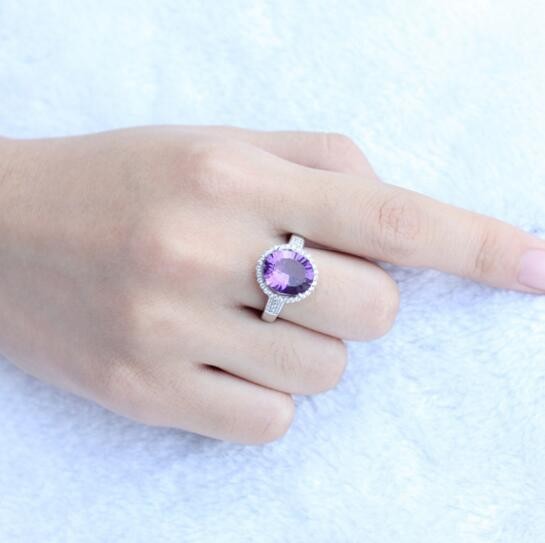 Fashion Oval Natural Amethyst Solid 925 Sterling Silver CZ Ring - Click Image to Close